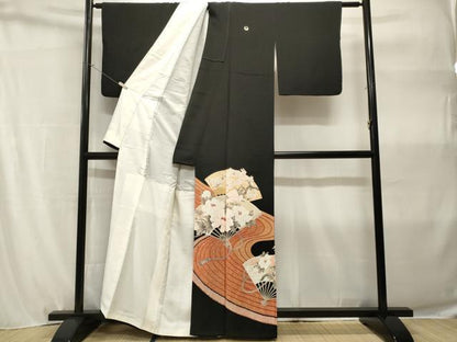 平和屋着物■豪華黒留袖　刺繍　扇面枝花文　椿　梅　正絹　逸品　CABH9103ev