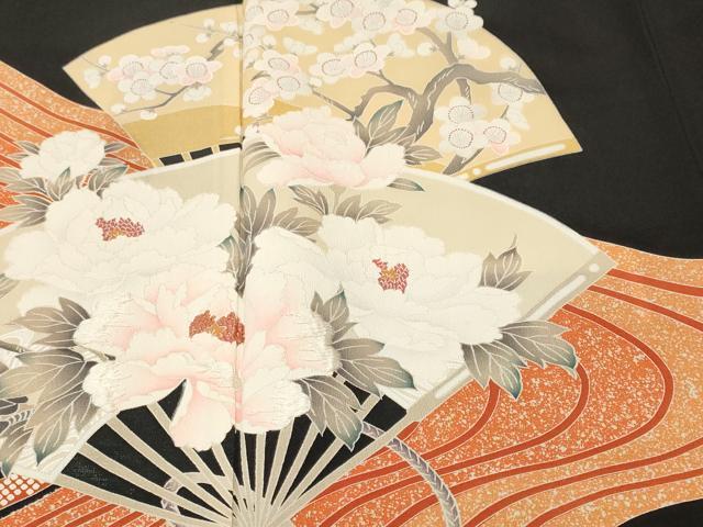 平和屋着物■豪華黒留袖　刺繍　扇面枝花文　椿　梅　正絹　逸品　CABH9103ev