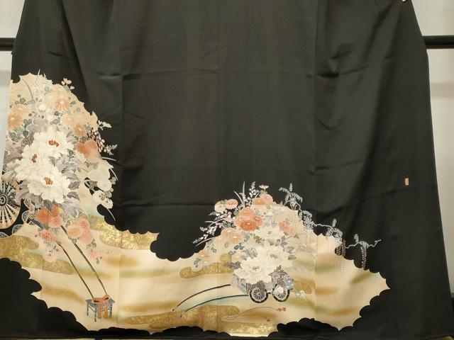 平和屋着物■豪華黒留袖　作家物　刺繍　花車文　暈し染め　金彩　正絹　逸品　CABH9109ev