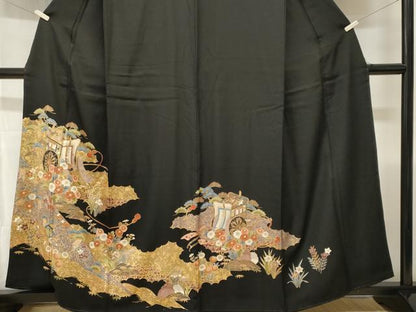 平和屋着物■豪華黒留袖　御所車花文　金彩　正絹　逸品　CABH9113ev