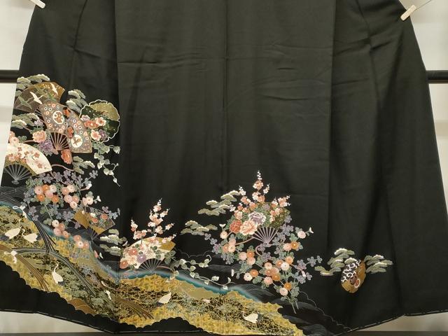 平和屋着物■豪華黒留袖　駒刺繍　群鶴扇面雪輪草花文　金彩　正絹　逸品　CABH9116ev