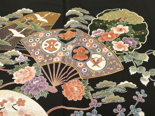 平和屋着物■豪華黒留袖　駒刺繍　群鶴扇面雪輪草花文　金彩　正絹　逸品　CABH9116ev