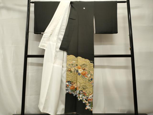 平和屋着物■豪華黒留袖　駒刺繍　芝草花文　金銀彩　正絹　逸品　CABH9117ev