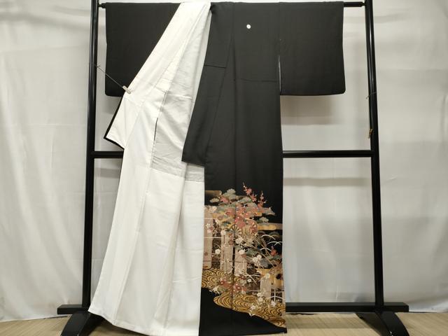 平和屋着物■豪華黒留袖　駒刺繍　花車飛鶴梅松文　金彩　正絹　逸品　CABH9124ev