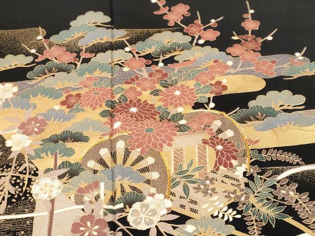 平和屋着物■豪華黒留袖　駒刺繍　花車飛鶴梅松文　金彩　正絹　逸品　CABH9124ev