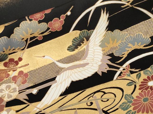 平和屋着物■豪華黒留袖　駒刺繍　花車飛鶴梅松文　金彩　正絹　逸品　CABH9124ev