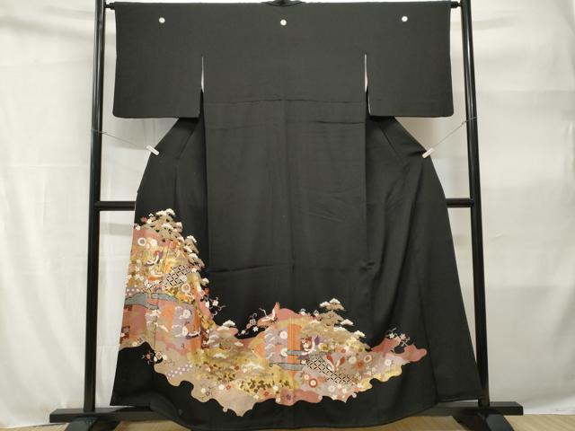 平和屋着物■豪華黒留袖　駒刺繍　雪輪飛鶴花唐草文　金彩　正絹　逸品　CABH9128ev