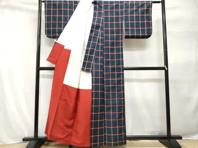 平和屋着物■上質な紬　格子柄　正絹　逸品　CABH9132ev