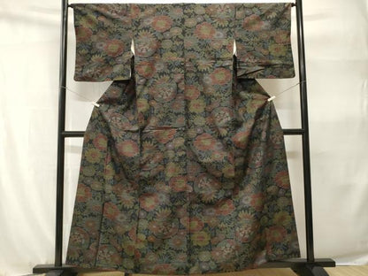 平和屋着物■上質な紬　源氏車草花文　正絹　逸品　CABH9140ev