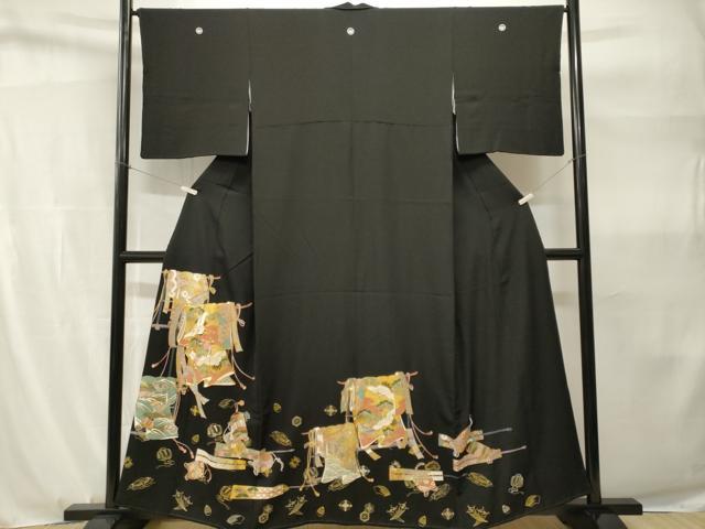 平和屋着物■豪華黒留袖　駒刺繍　誰が袖花飛鶴文　印籠花文　宝尽し　金彩　正絹　逸品　CABH9146ev