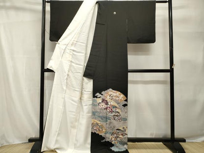 平和屋着物■豪華黒留袖　扇面尾長鳥花文　銀彩　正絹　逸品　CABH9150ev