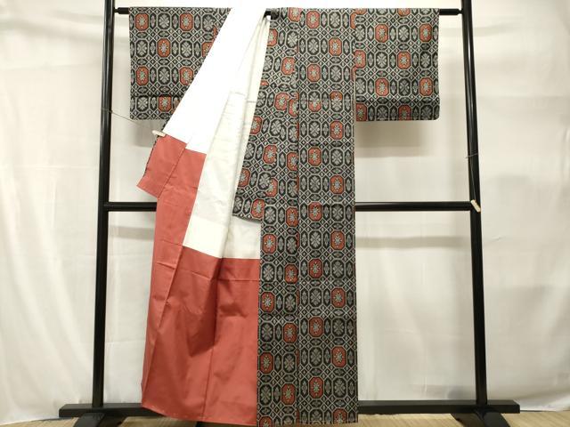 平和屋着物■上質な紬　幾何学花文　正絹　逸品　CABH9159ev