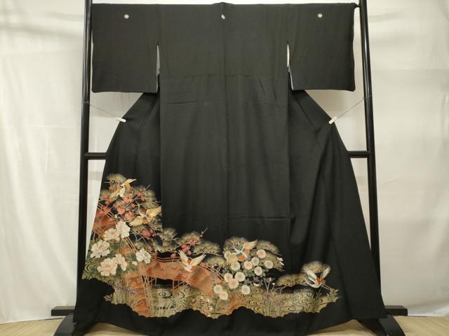 平和屋着物■豪華黒留袖　駒刺繍　渡り橋飛鶴松梅花文　金彩　正絹　逸品　CABH9218ev