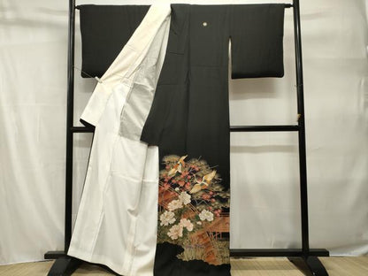 平和屋着物■豪華黒留袖　駒刺繍　渡り橋飛鶴松梅花文　金彩　正絹　逸品　CABH9218ev