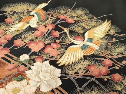 平和屋着物■豪華黒留袖　駒刺繍　渡り橋飛鶴松梅花文　金彩　正絹　逸品　CABH9218ev