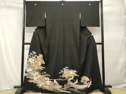 平和屋着物■豪華黒留袖　駒刺繍　扇面御所車飛鶴文　暈し染め　金彩　正絹　逸品　CABH9222ev