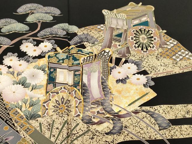平和屋着物■豪華黒留袖　駒刺繍　扇面御所車飛鶴文　暈し染め　金彩　正絹　逸品　CABH9222ev