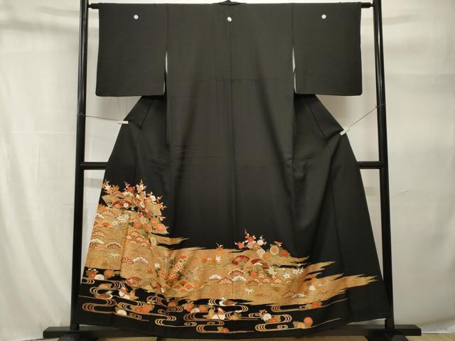 平和屋着物■豪華黒留袖　駒刺繍　松竹梅鴛鴦扇面花文　金彩　正絹　逸品　CABH9224ev