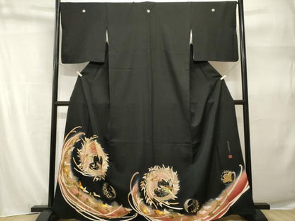 平和屋着物■世界的ファッションデザイナー 山本寛斎 kansaiブランド 黒留袖 駒刺繍 乱菊桜鳳凰図文 暈し染め 金銀彩 正絹 逸品 CABH9225ev