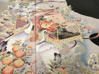 平和屋着物■豪華黒留袖　文箱草花文　群鶴　暈し染め　金彩　正絹　逸品　CABH9227ev