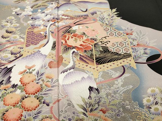 平和屋着物■豪華黒留袖　文箱草花文　群鶴　暈し染め　金彩　正絹　逸品　CABH9227ev