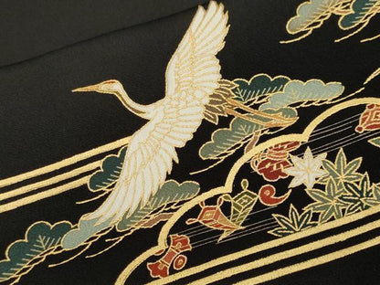 平和屋着物■豪華黒留袖　駒刺繍　浜松飛鶴花文　金彩　正絹　逸品　CABH9228ev