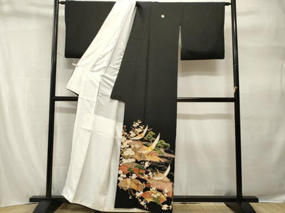 平和屋着物■豪華黒留袖　駒刺繍　松竹梅飛鶴地紙花文　暈し染め　金彩　正絹　逸品　CABH9234ev