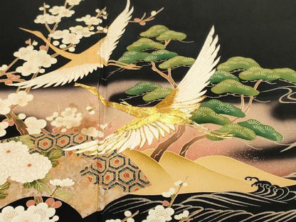 平和屋着物■豪華黒留袖　駒刺繍　松竹梅飛鶴地紙花文　暈し染め　金彩　正絹　逸品　CABH9234ev