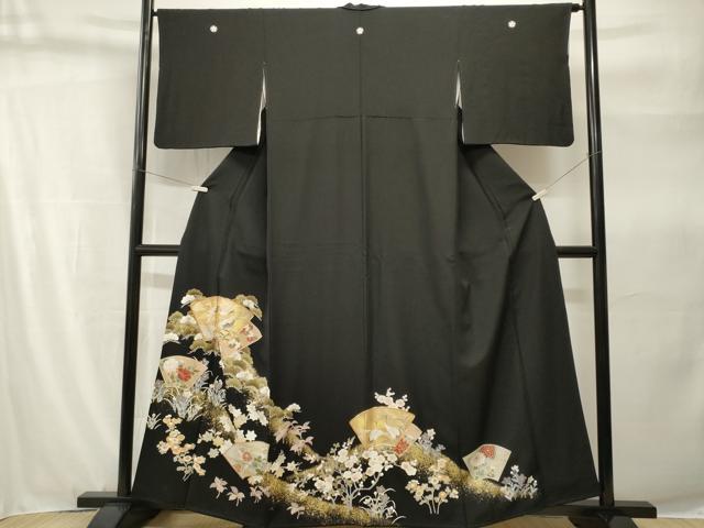 平和屋着物■豪華黒留袖　駒刺繍　地紙飛鶴枝花文　金彩　正絹　逸品　CABH9241ev