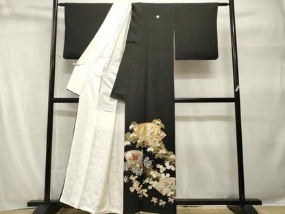 平和屋着物■豪華黒留袖　駒刺繍　地紙飛鶴枝花文　金彩　正絹　逸品　CABH9241ev