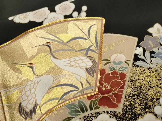 平和屋着物■豪華黒留袖　駒刺繍　地紙飛鶴枝花文　金彩　正絹　逸品　CABH9241ev
