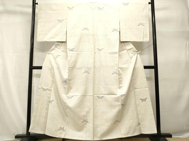 平和屋着物■上質な紬　縞　舞蝶文　背抜き仕立て　正絹　逸品　CABH9246ev