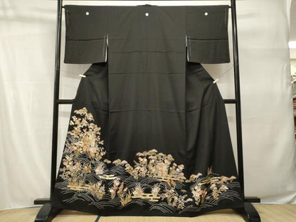 平和屋着物■豪華黒留袖　駒刺繍　御所車流水草花文　金彩　正絹　逸品　CABH9265ev