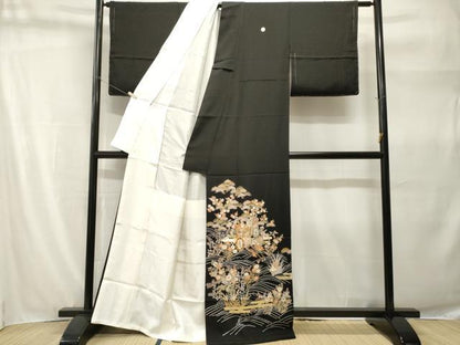 平和屋着物■豪華黒留袖　駒刺繍　御所車流水草花文　金彩　正絹　逸品　CABH9265ev
