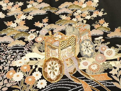平和屋着物■豪華黒留袖　駒刺繍　御所車流水草花文　金彩　正絹　逸品　CABH9265ev