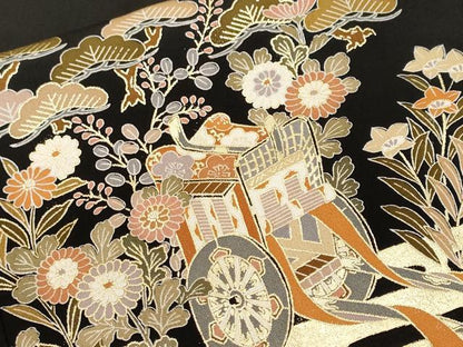 平和屋着物■豪華黒留袖　駒刺繍　御所車流水草花文　金彩　正絹　逸品　CABH9265ev