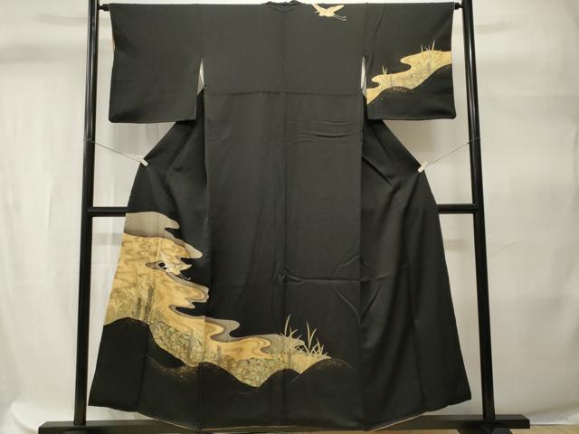平和屋着物■訪問着　刺繍　流水白鷺文　暈し染め　黒地　金彩　正絹　逸品　CABH9302ev