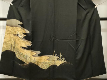 平和屋着物■訪問着　刺繍　流水白鷺文　暈し染め　黒地　金彩　正絹　逸品　CABH9302ev