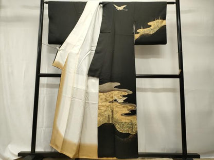 平和屋着物■訪問着　刺繍　流水白鷺文　暈し染め　黒地　金彩　正絹　逸品　CABH9302ev