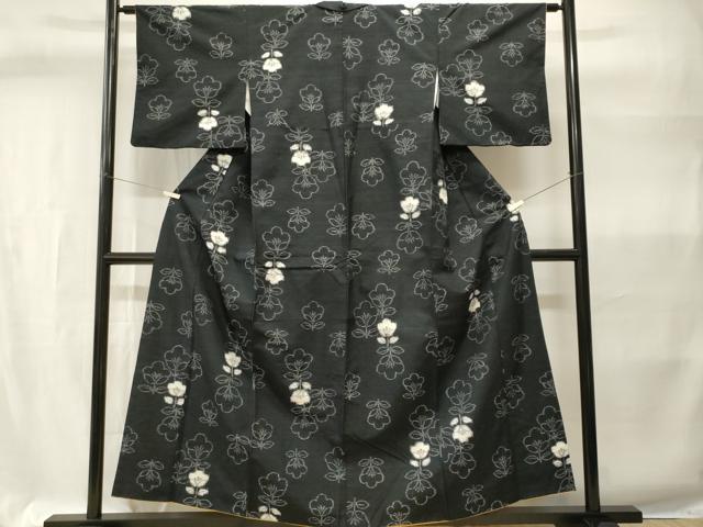 平和屋着物■上質な紬　草花文　黒地　正絹　逸品　CABH9317ev