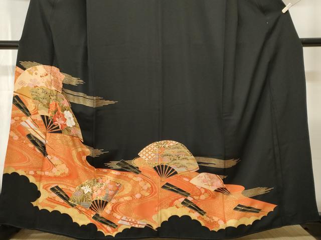 平和屋着物■豪華黒留袖　駒刺繍　扇面流水花文　金彩　正絹　逸品　CABH9323ev