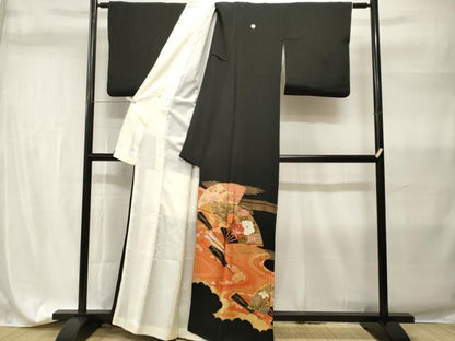 平和屋着物■豪華黒留袖　駒刺繍　扇面流水花文　金彩　正絹　逸品　CABH9323ev