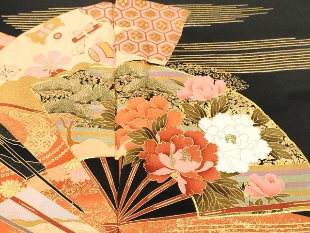 平和屋着物■豪華黒留袖　駒刺繍　扇面流水花文　金彩　正絹　逸品　CABH9323ev