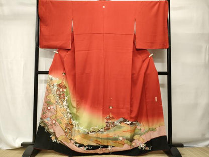 平和屋着物■豪華色留袖　幾久重袖　鉾　飛鶴花唐草文　暈し染め　金彩　正絹　逸品　CABH9499ev