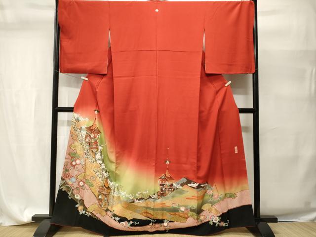 平和屋着物■豪華色留袖　幾久重袖　鉾　飛鶴花唐草文　暈し染め　金彩　正絹　逸品　CABH9499ev