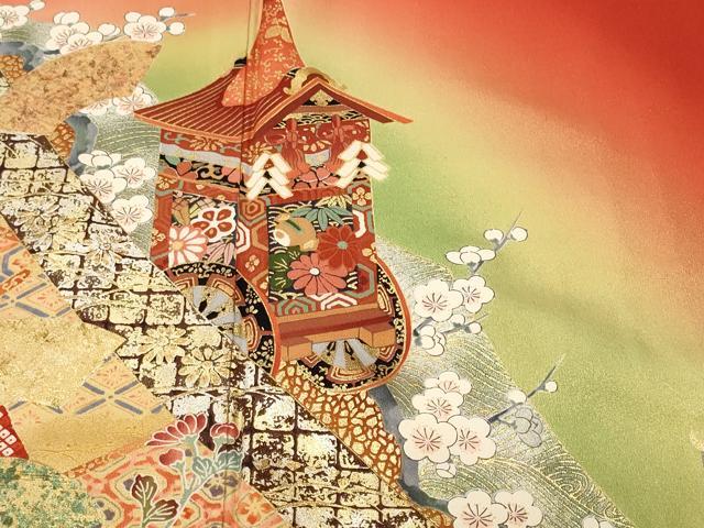 平和屋着物■豪華色留袖　幾久重袖　鉾　飛鶴花唐草文　暈し染め　金彩　正絹　逸品　CABH9499ev