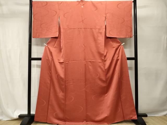 平和屋着物■上質な色無地　抽象地紋　臙脂色　正絹　逸品　CABH9550ev