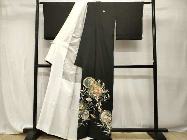 平和屋着物■豪華黒留袖　駒刺繍　絵皿鴛鴦文　白鷺草花文　金彩　正絹　逸品　CABH9562ev