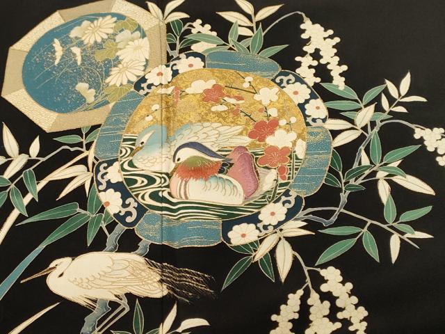平和屋着物■豪華黒留袖　駒刺繍　絵皿鴛鴦文　白鷺草花文　金彩　正絹　逸品　CABH9562ev