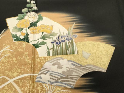 平和屋着物■豪華黒留袖　駒刺繍　地紙横笛草花文　暈し染め　金彩　正絹　逸品　CABH9565ev
